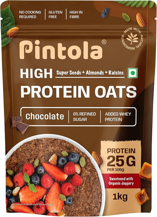 PINTOLA 25g High Protein Oats 1kg, Dark Chocolate,No Refined Sugar, with Almonds Raisin, Pumpkin and Chia Seeds, 8g Fibre, Rolled Oats for weight loss, Breakfast Cereals | Gluten Free